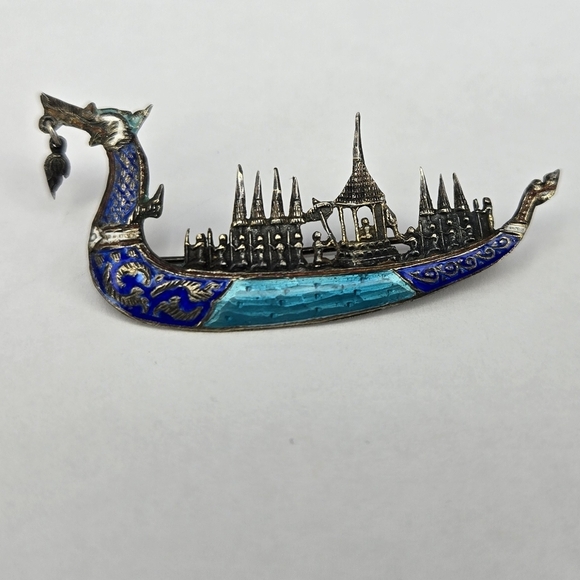 Siam Sterling Silver Brooch Shaped Like Dragon Boat Gold Plating Enamal Details - Picture 3 of 10
